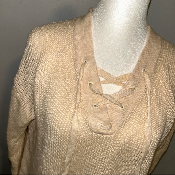 J. Crew Beige Lace-Up V-Neck Sweater crochet knit - Picture 3 of 5